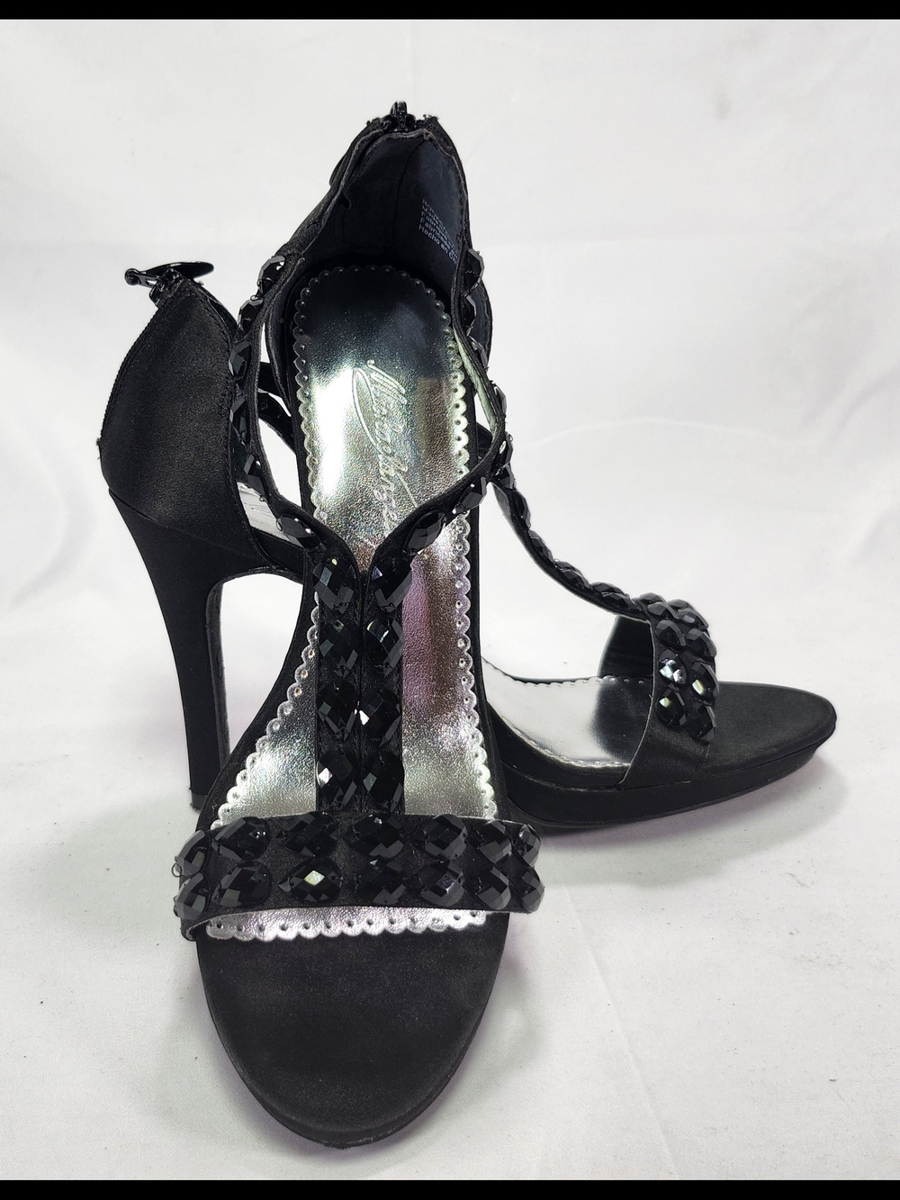 Black Crystal T-Strap High Heel Sandals
